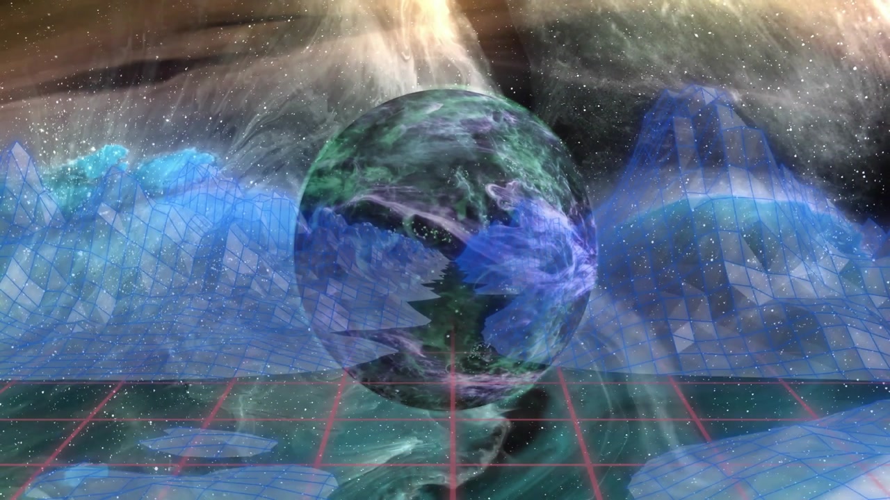 Central swirling sphere floating inside 3D wireframe terrain, extending grid floor and rising peaks