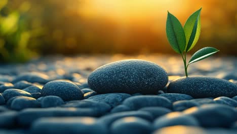 growth of a plant among smooth stones. a small green plant emerges from a cluster of smooth stones during sunrise, symbolizing resilience and renewal.