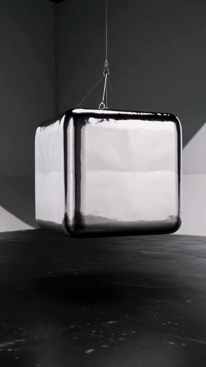 Vertical video: Swaying mirror cube rotating, drifting from draft in studio for capture, with cable