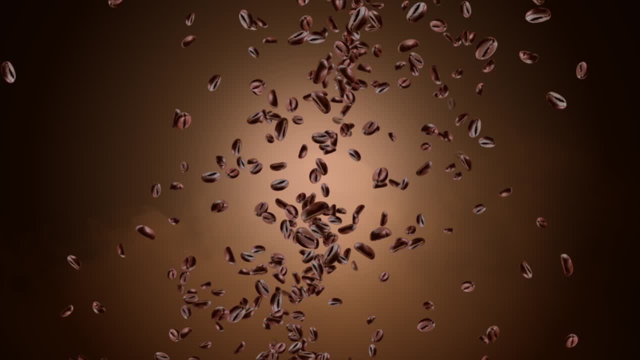 Coffee beans in flight on a dark loop background animation coffee beans with seeds in flight morning