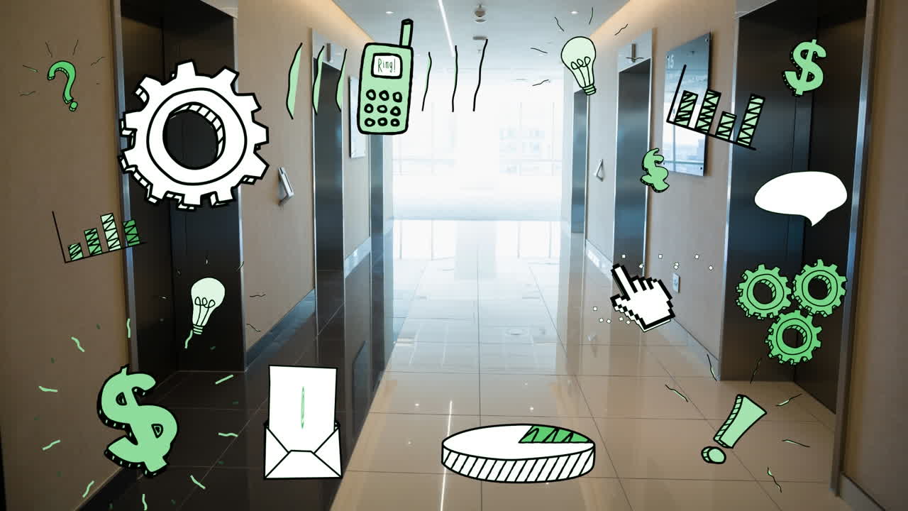 오피스 비즈니스 아이콘의 애니메이션 및 오피스 데이터 처리