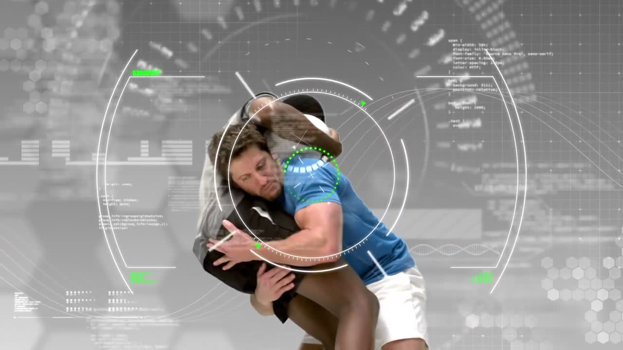 animación del procesamiento de datos con jugadores de rugby en el fondo