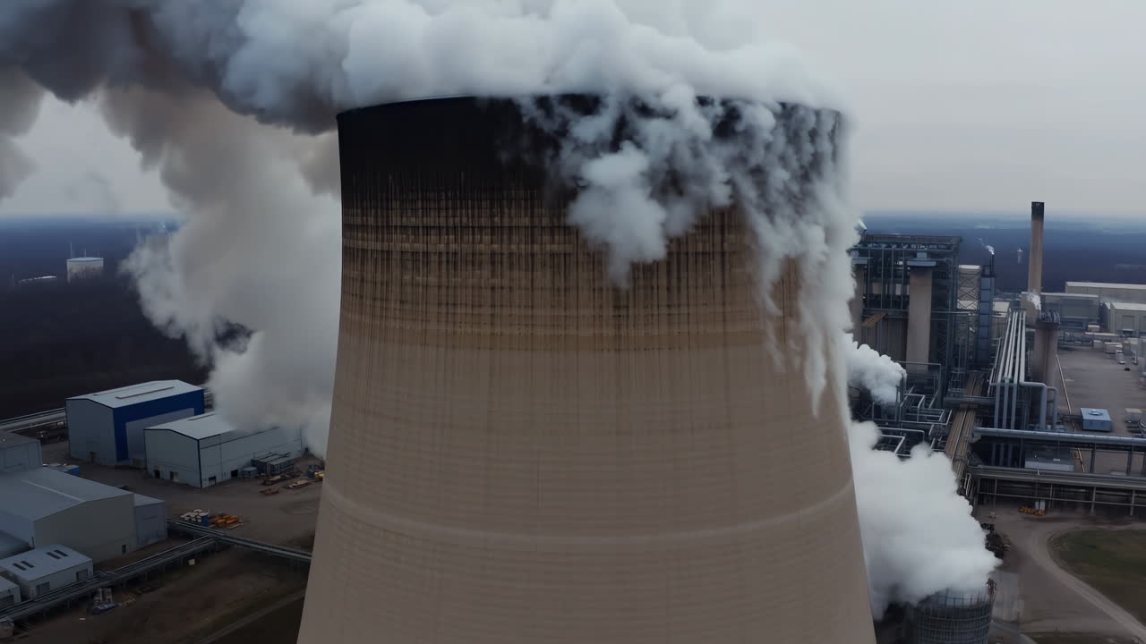 Smoke and Steam Billowing from a Large Power Plant Cooling Tower