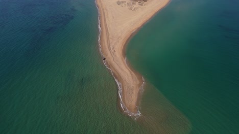 Aerial-view-of-the-sand-nose-of-Epanomi-beach-in-northern-Greece