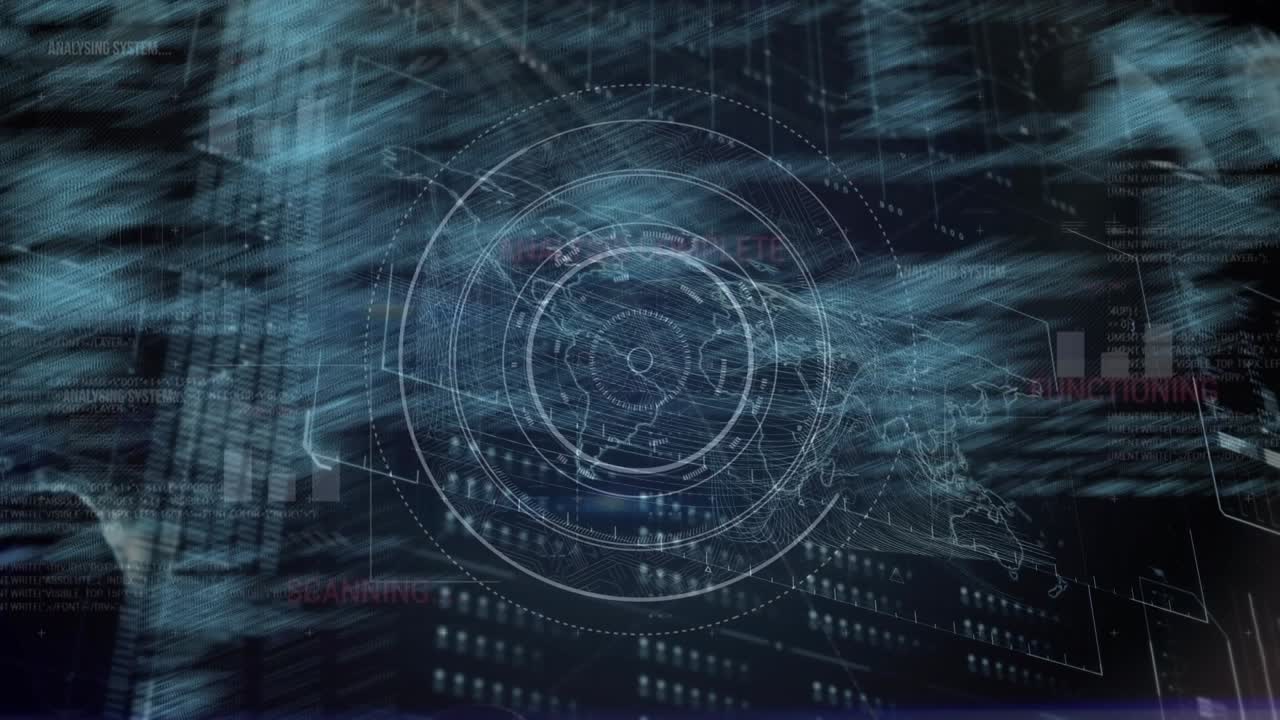 Animation of programming language over globe, connected dots and clock on abstract background