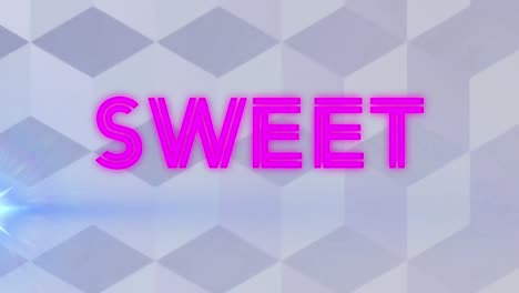 animation of sweet text over shapes and light trails on grey background