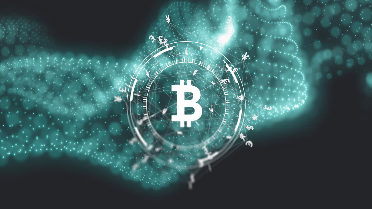 animación del procesamiento de datos financieros a través del símbolo y las conexiones de bitcoin
