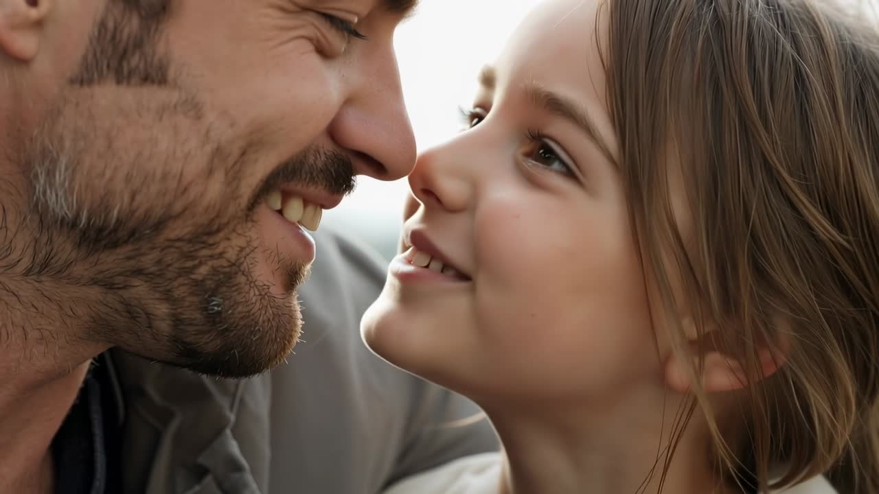 Padre che si china in avanti iniziando uno scambio affettuoso con la figlia al parco, lui con una giacca, lei con un top chiaro, a sinistra della telecamera.