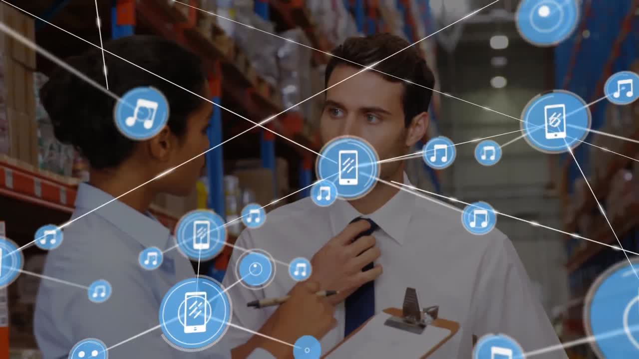 창고의 다양한 노동자들에 대한 아이콘으로 연결된 네트워크의 애니메이션