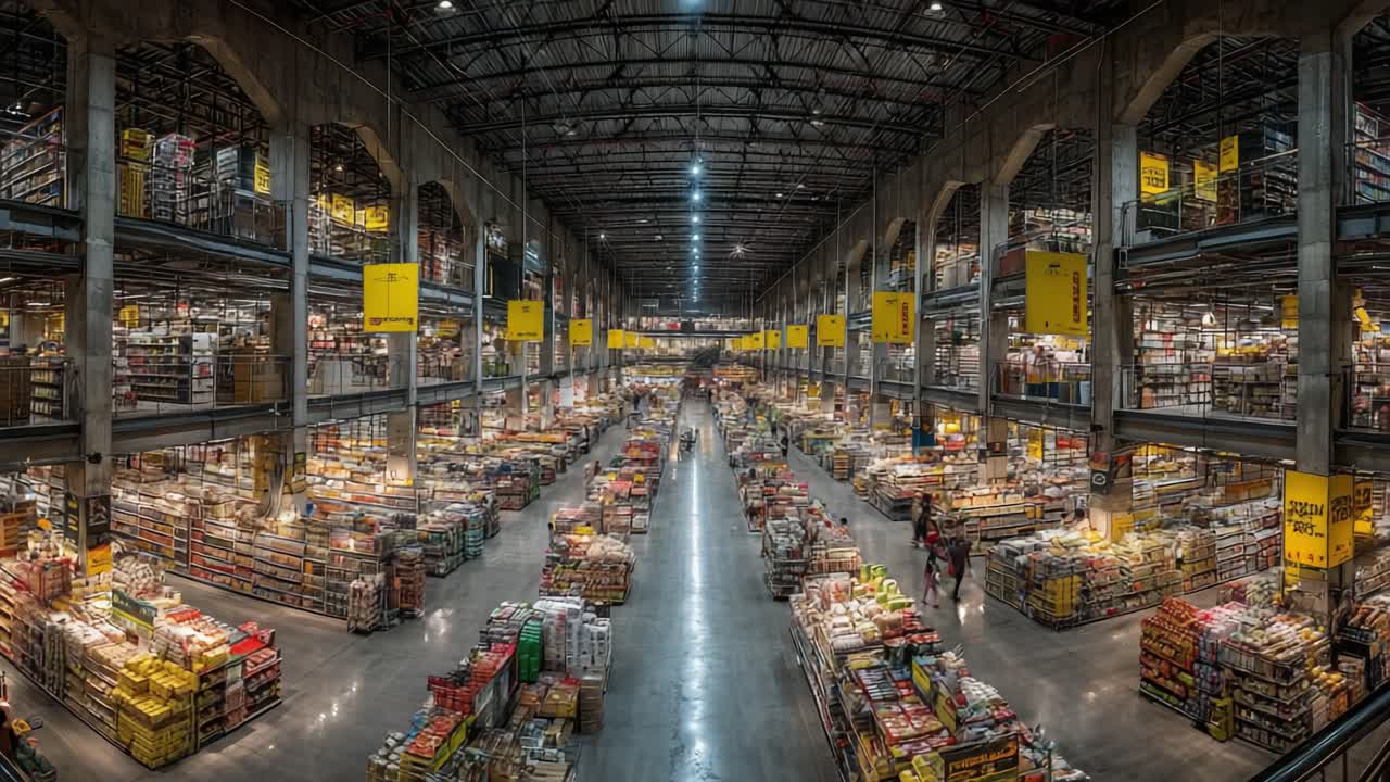 Aerial View of a Vast Warehouse Filled with Colorful Products, Showcasing Organized Aisles and Abundant Shelves in a Spacious Retail Environment