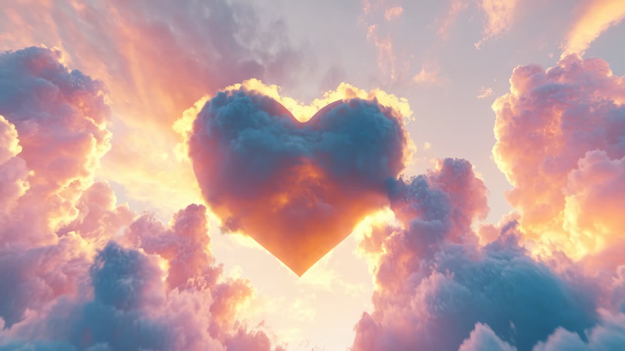 A surreal heart-shaped cloud at sunset, viewed from a low angle. The vibrant colors create a dreamy
