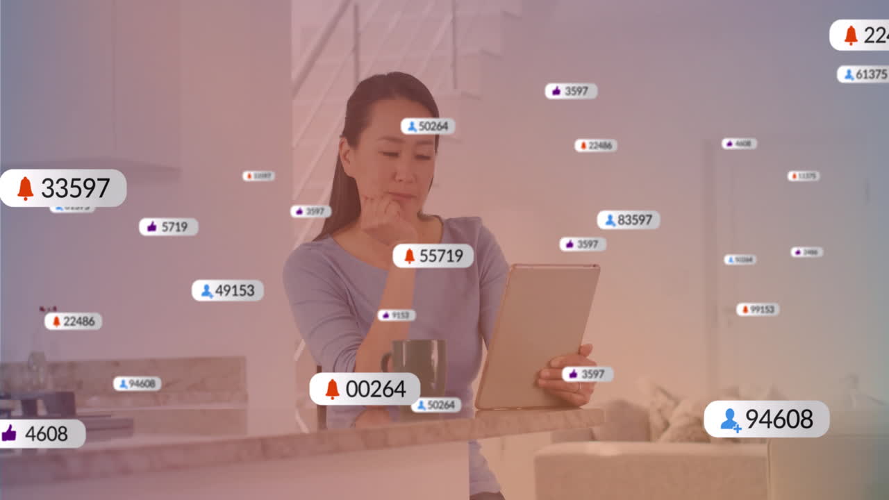 Woman using tablet at home with social media notifications overlay animation