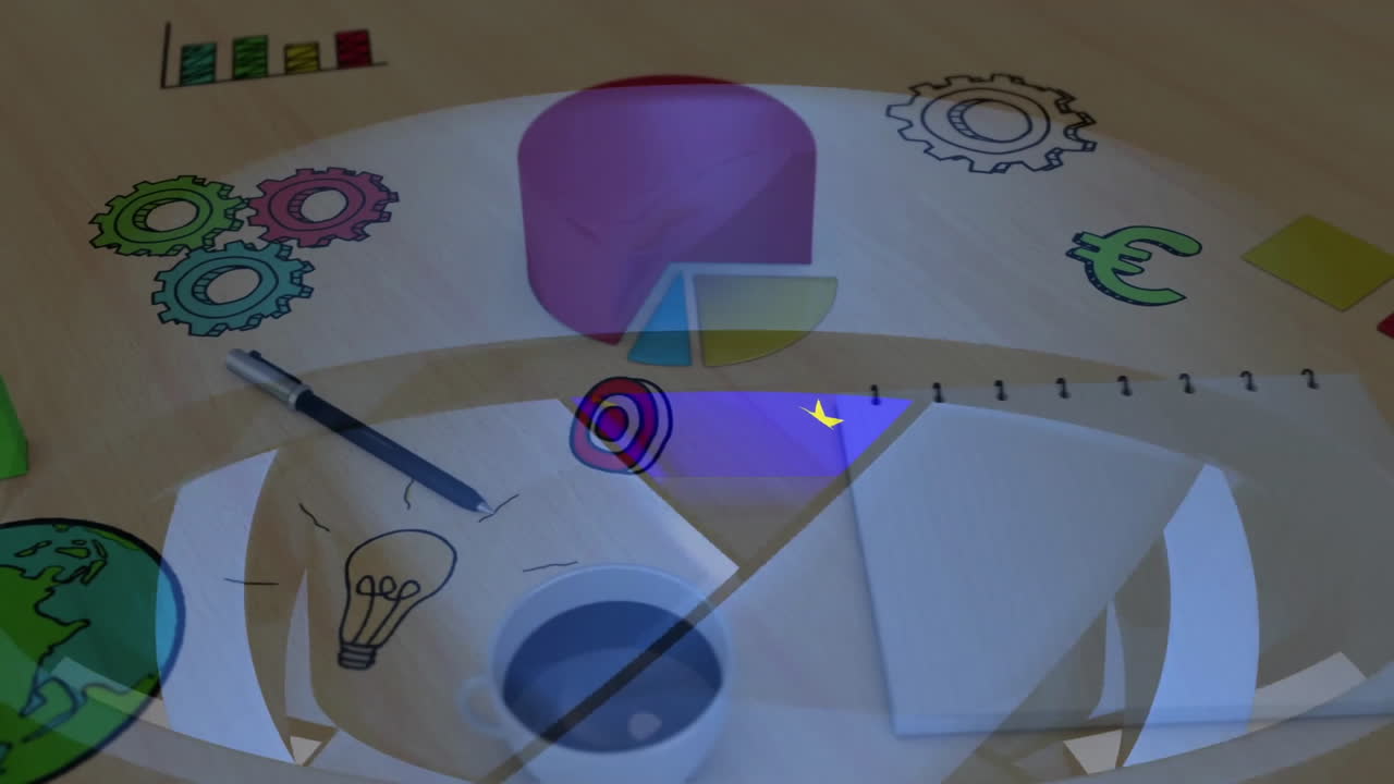 Colorful animation of stars and shapes over office desk with coffee and notebook