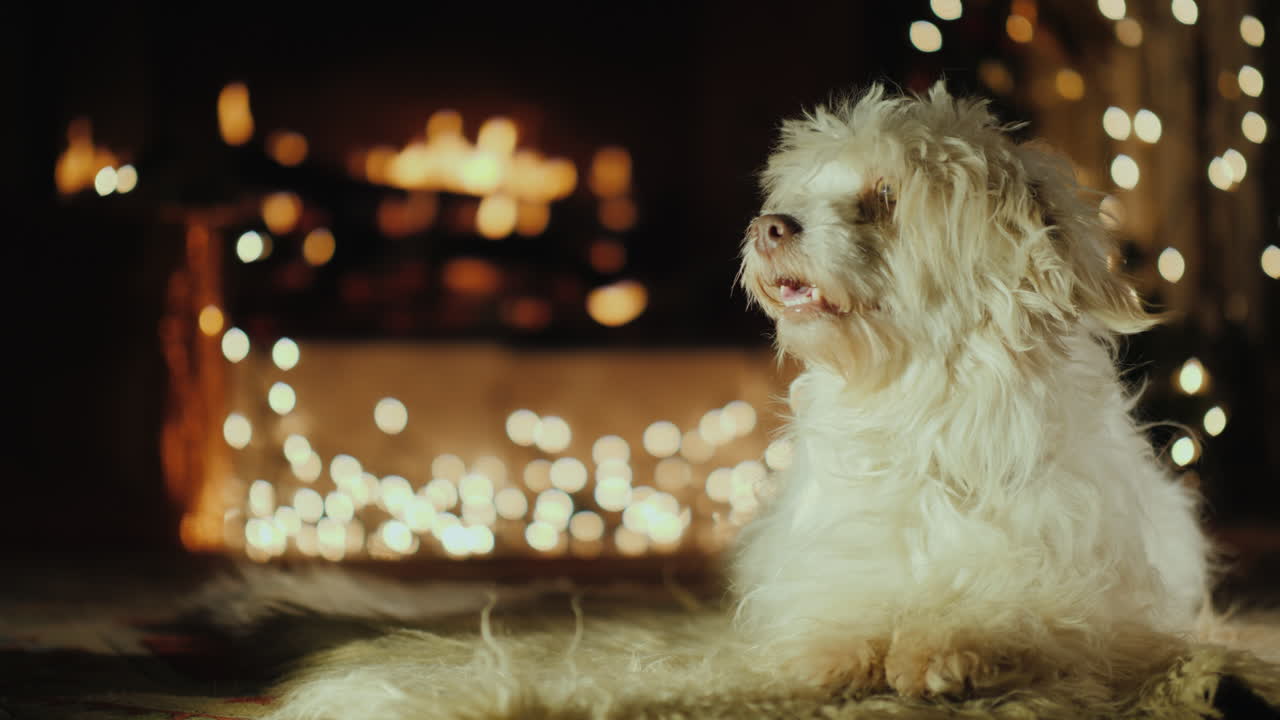 그 개는 벽난로 뒤에 있는 거실 매트에 앉아 있다