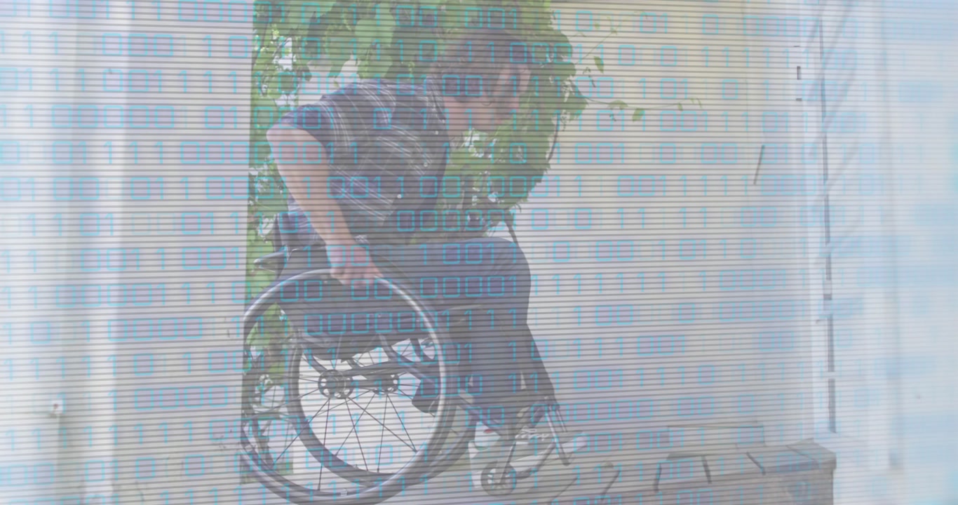 Wheelchair user entering porch, gripping hand rims pushing casters up threshold for accessibility