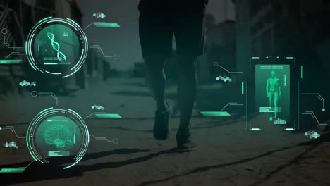 animación del procesamiento de datos sobre el hombre caucásico corriendo.