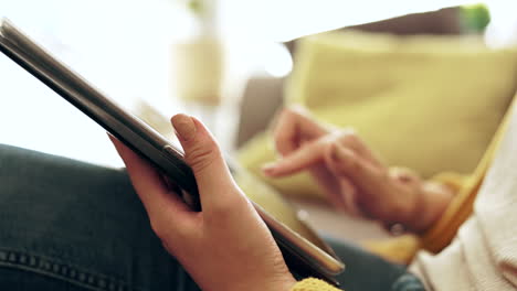 closeup woman, hands and tablet in home on social