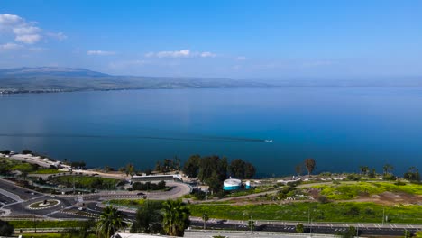 sea of galilee, drone shot
boat sailed on the quiet lake