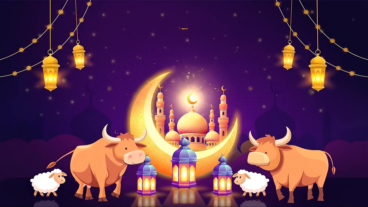Animazione banner di auguri per Eid al-Adha con lanterne di moschea, luna crescente e animali sacrificali a cartone animato