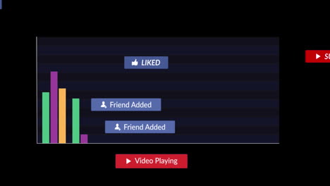 animación de iconos de redes sociales con textos sobre diagrama en fondo negro
