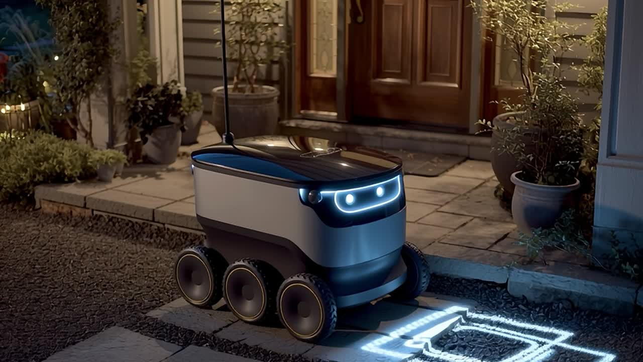 Delivery robot waiting at the doorstep during the evening hours