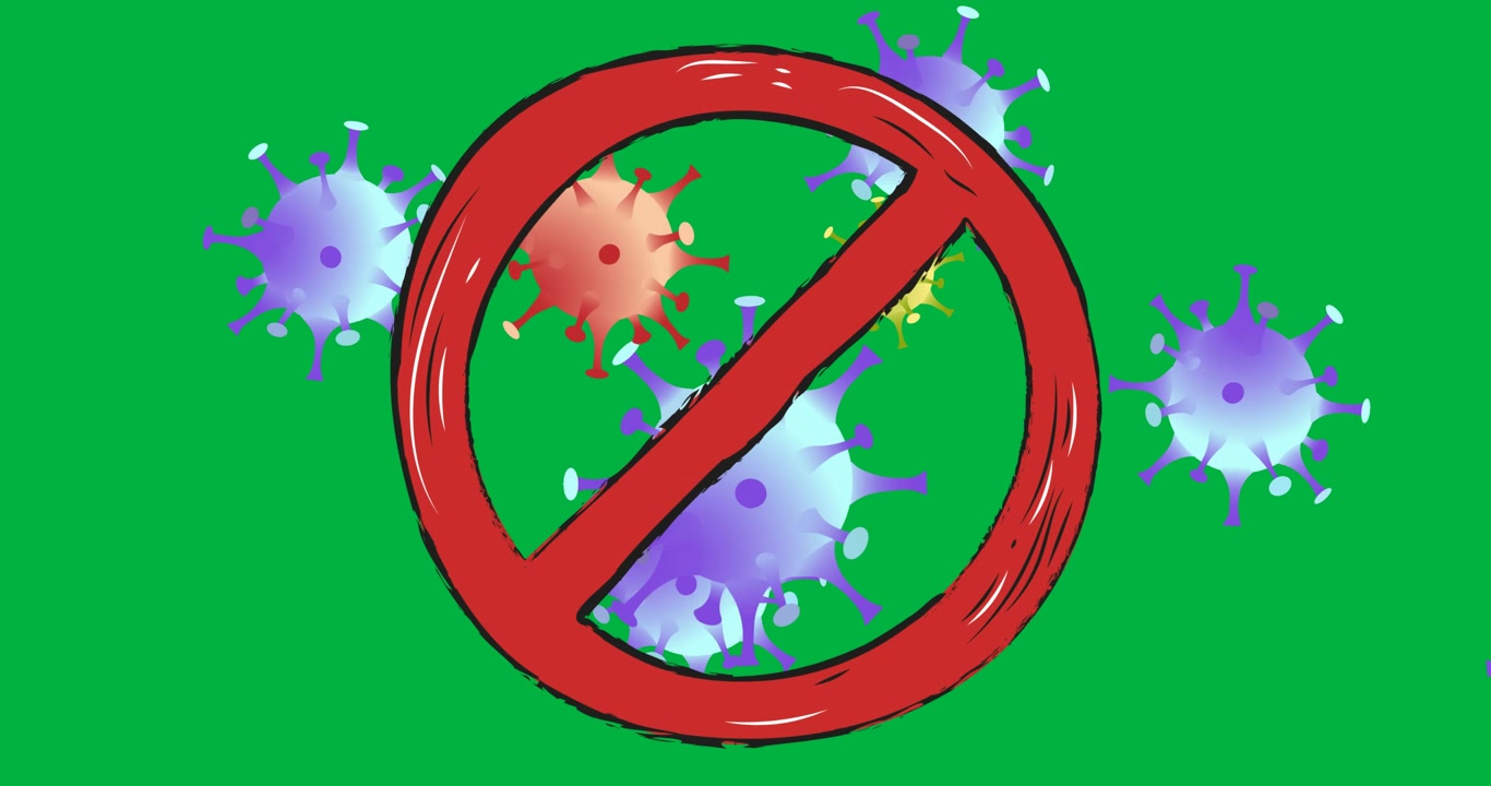 Digital animation of stop sign over multiple covid-19 cells against black background