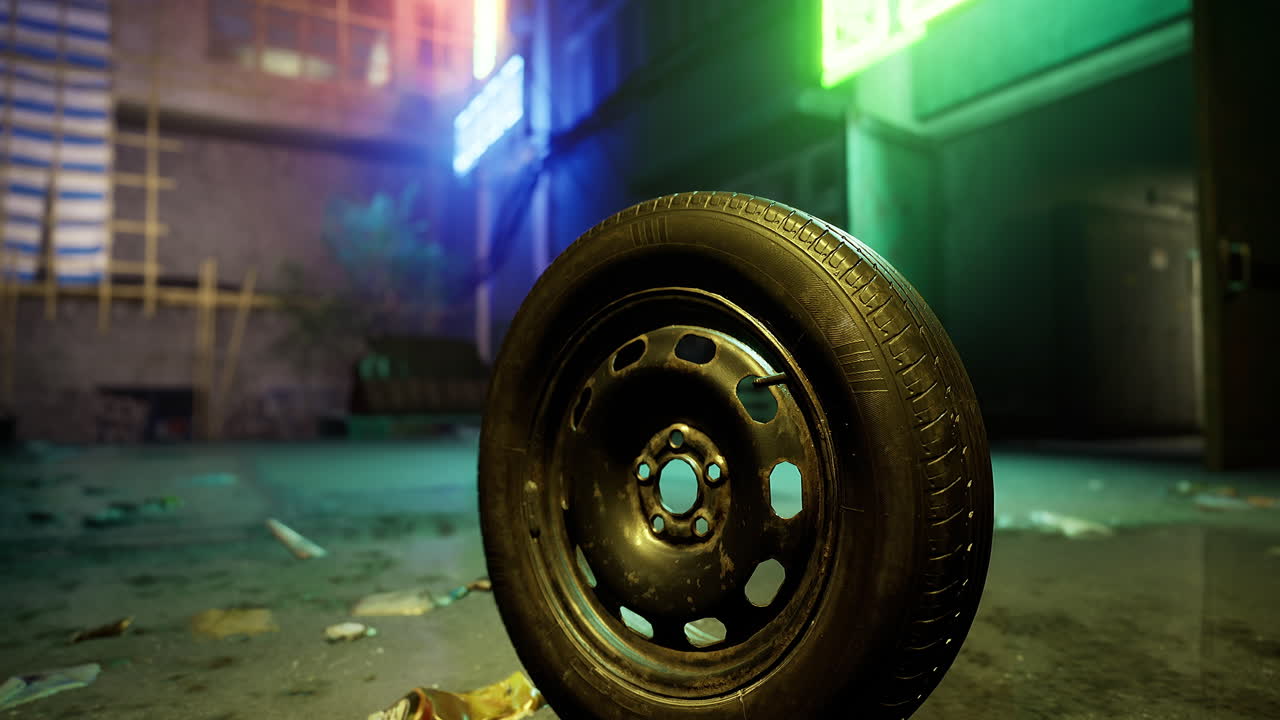 Urban alley with discarded tire at night under neon lights