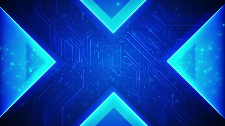 Immagine geometrica direzionale blu con forme di frecce ciano, texture di circuito luminoso e tecnologia futuristica