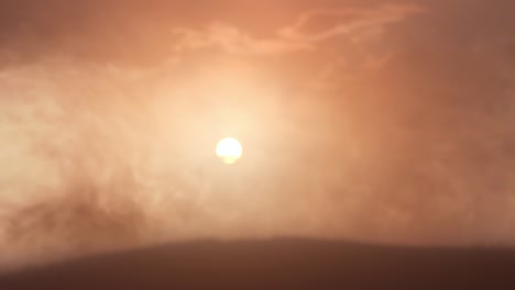 dramatic landscape of foggy sunset. amazing cosmic weather. fog moving on ground of deserted planet. mysterious natural phenomenon. bright sun and cloudy sky on abstract background. fantasy concept