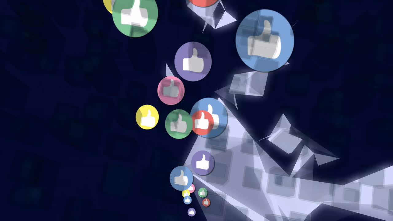 Animation of thumbs-up icons floating in colorful circles over geometric shapes