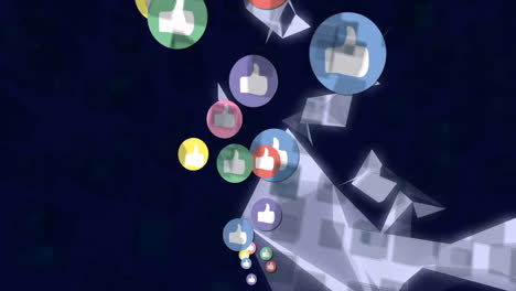 animation of thumbs-up icons floating in colorful circles over geometric shapes