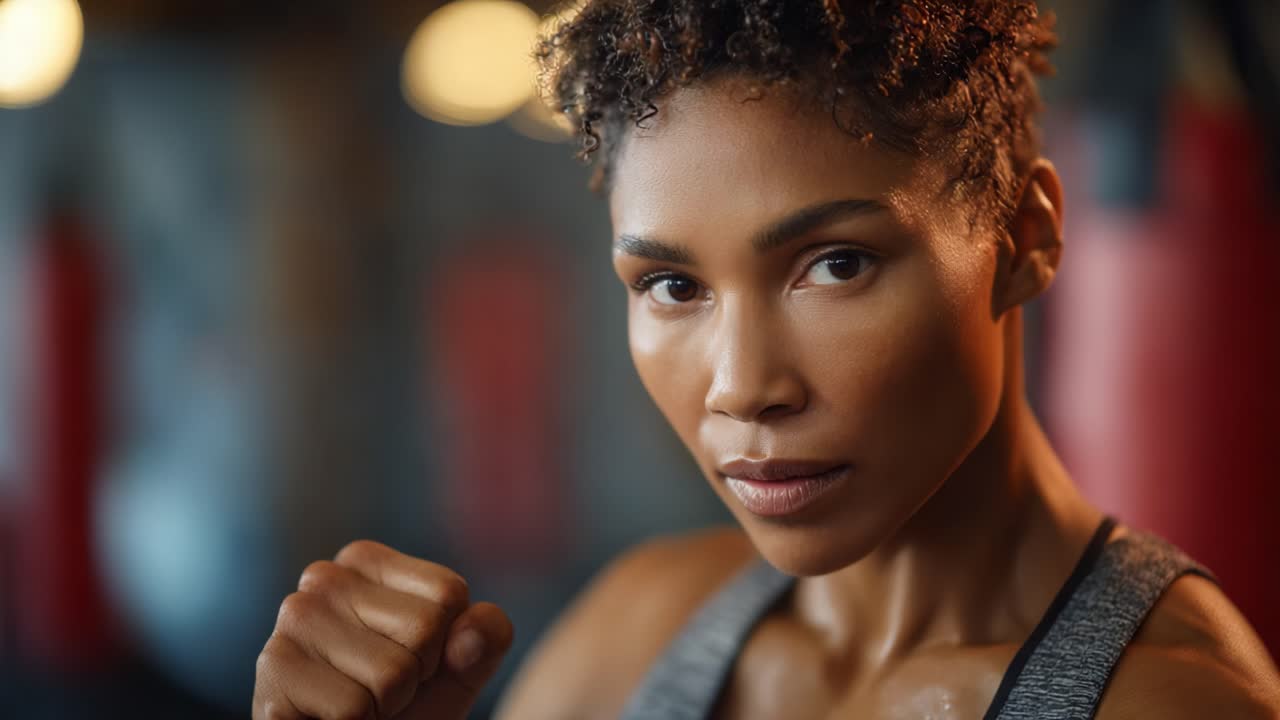 A determined female fighter in a gym setting, showcasing focus and strength as she prepares for a boxing match with a strong demeanor and engaging intensity