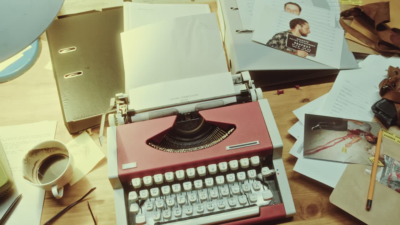Workplace of Detective with Typewriter and Criminal Investigation Materials