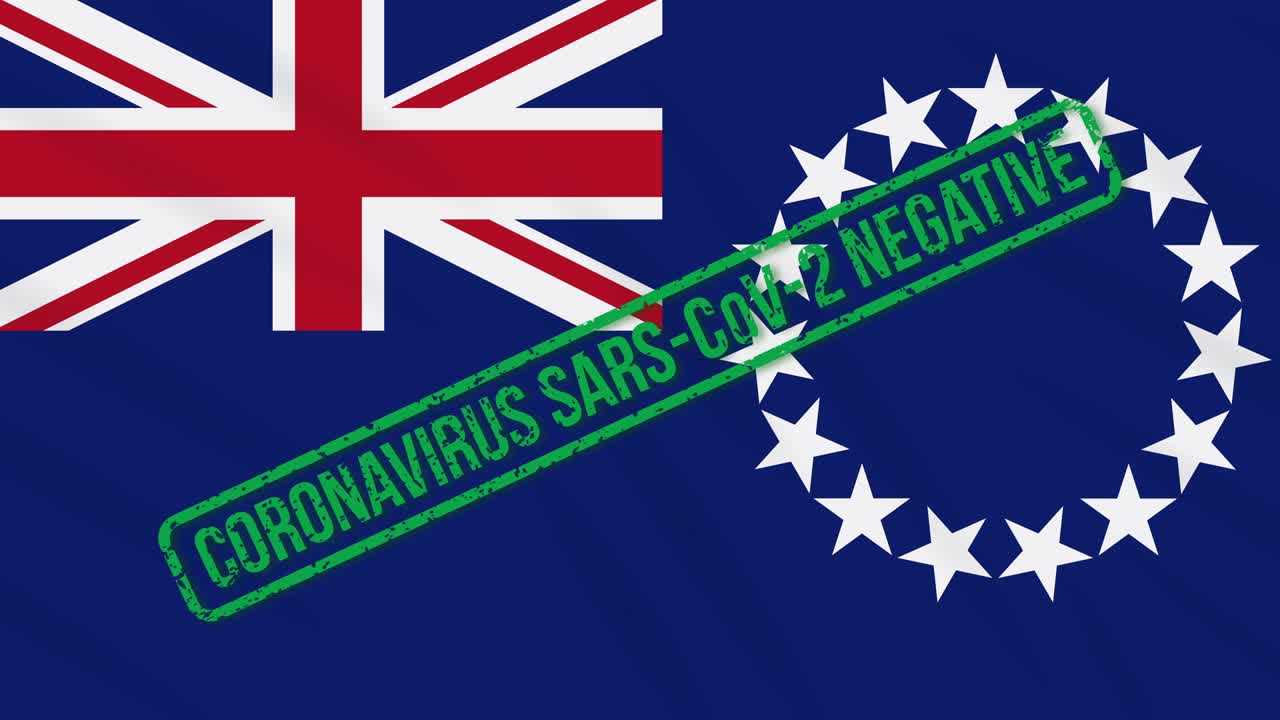 Cook Islands swaying flag with green stamp of freedom from coronavirus, loop