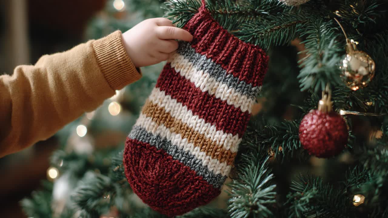A Cozy Holiday Moment: A Child's Hand Reaches for a Colorful Knit Christmas Stocking Hanging from a Trimmed Tree Filled with Ornaments and Lights