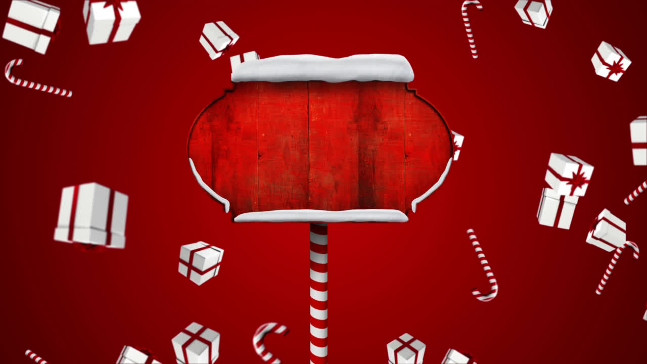 Wooden sign and falling Christmas gifts and candy