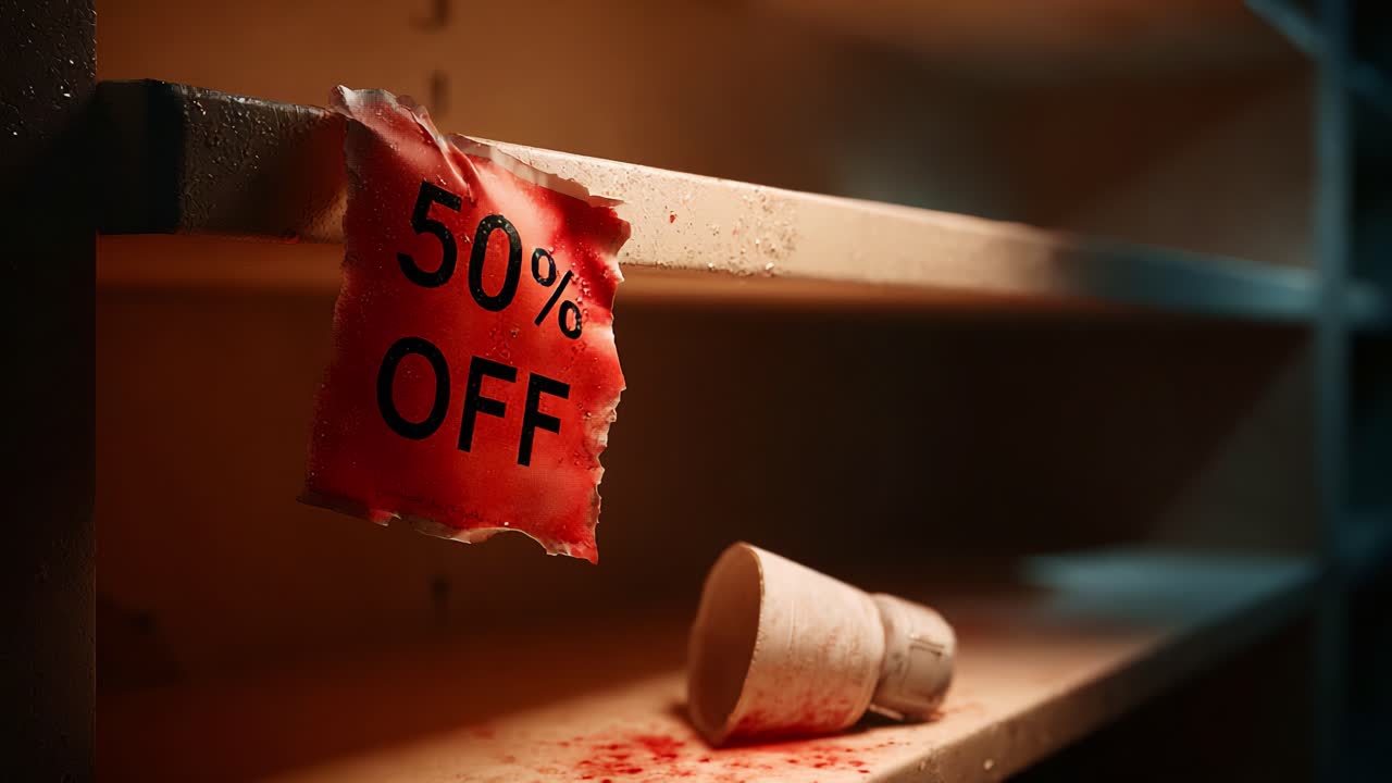 Sebuah adegan menghantui dari rak-rak terbengkalai yang menampilkan tanda diskon 50% yang menonjol, tertutup debu dan terciprat noda merah, membangkitkan perasaan diabaikan dan pembusukan di lingkungan ritel yang meresahkan