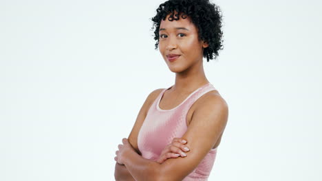 retrato, ejercicio y mujer con los brazos cruzados