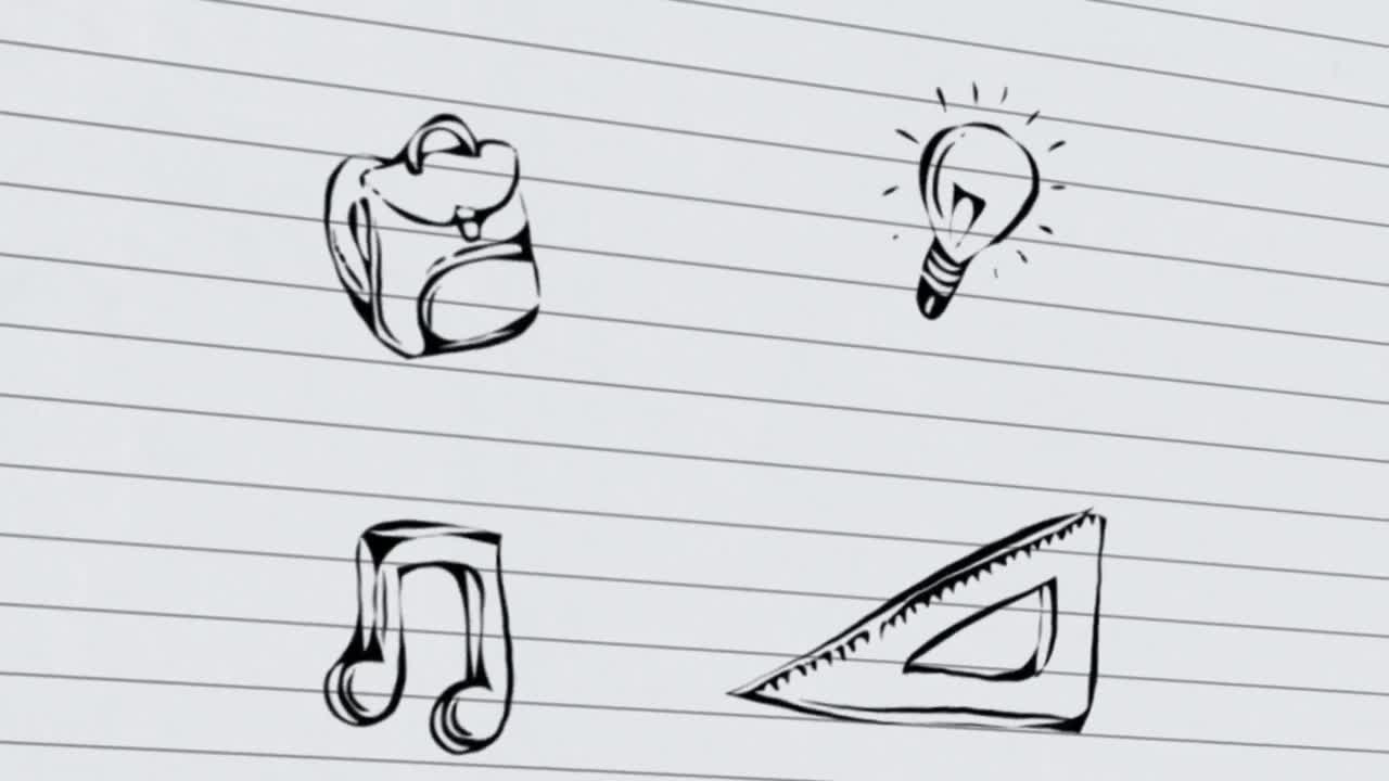 Animation of school items over sheet of paper
