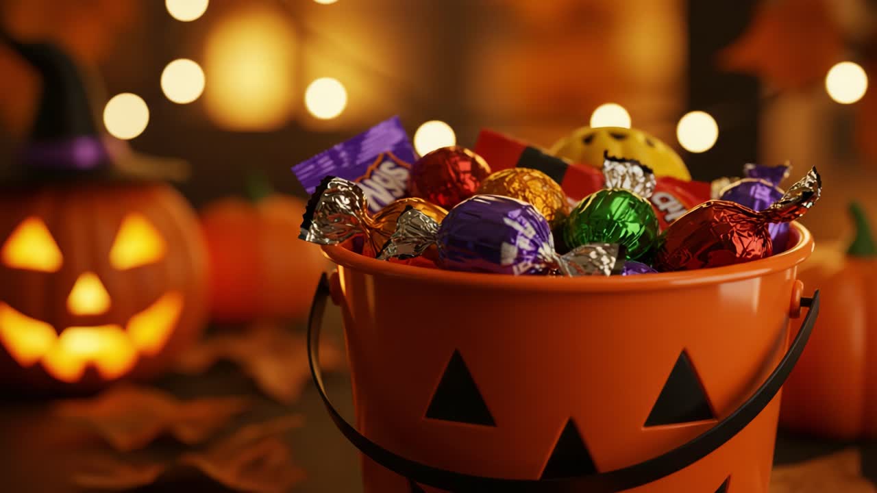 A festive display featuring a vibrant orange bucket filled with assorted candies, set against a backdrop of glowing pumpkins and twinkling lights, perfect for Halloween celebrations