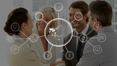 shaking hands, diverse business people with business icons and network connections animation