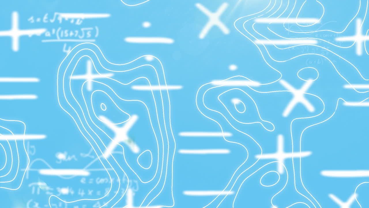 파란색 배경에 수학 방정식과 움직이는 모양의 애니메이션