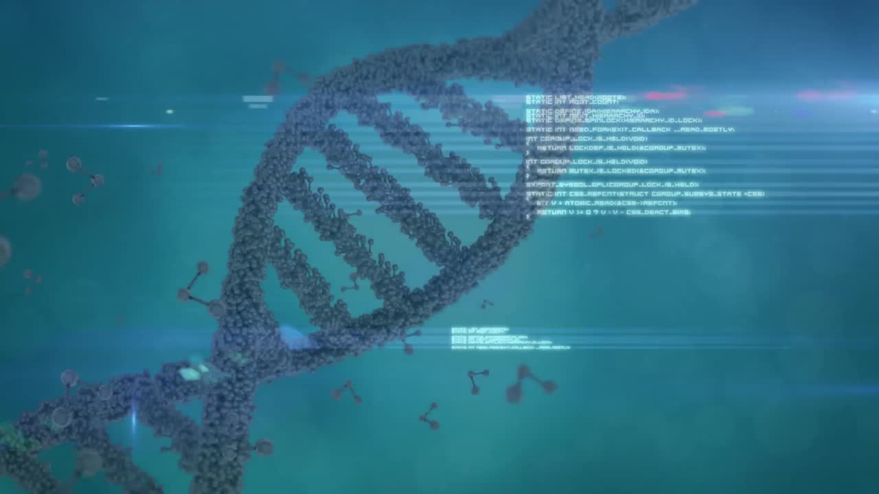 Animation of data processing and dna strand over light spots