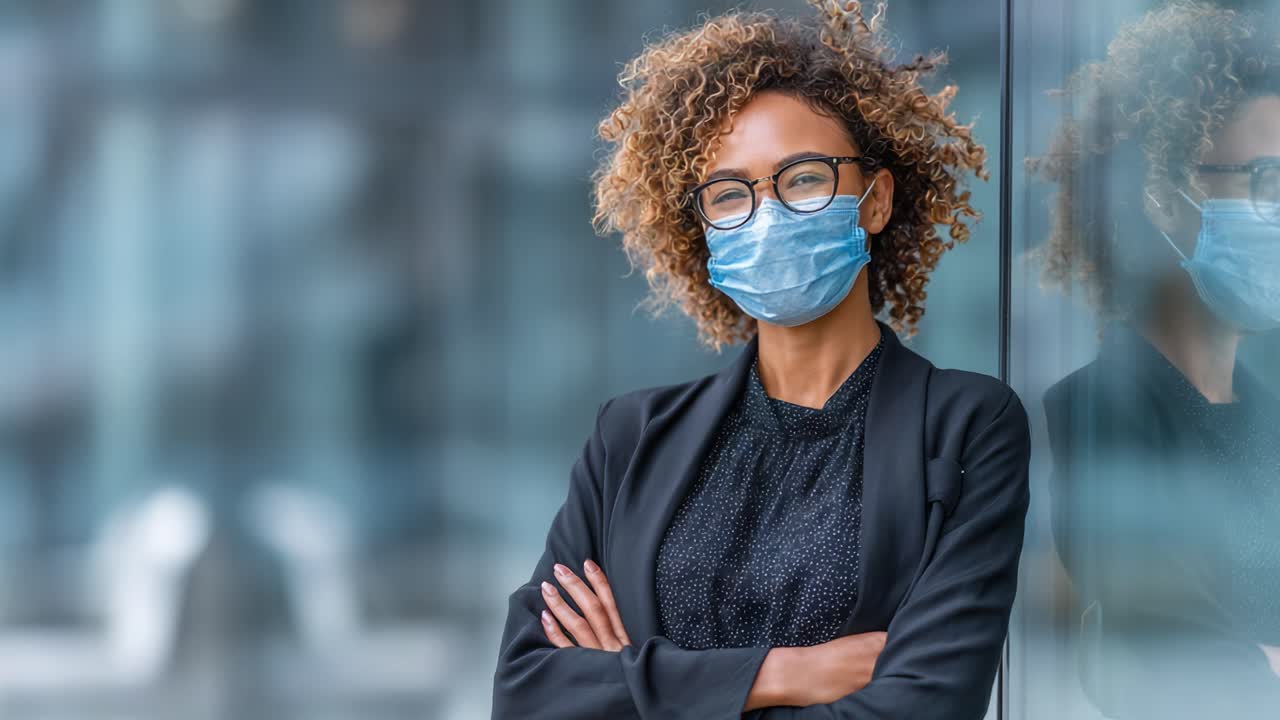Confident Woman Wearing a Mask, Leaning Against a Glass Wall, Emphasizing Modern Professionalism and Adaptation to New Norms in a Contemporary Environment