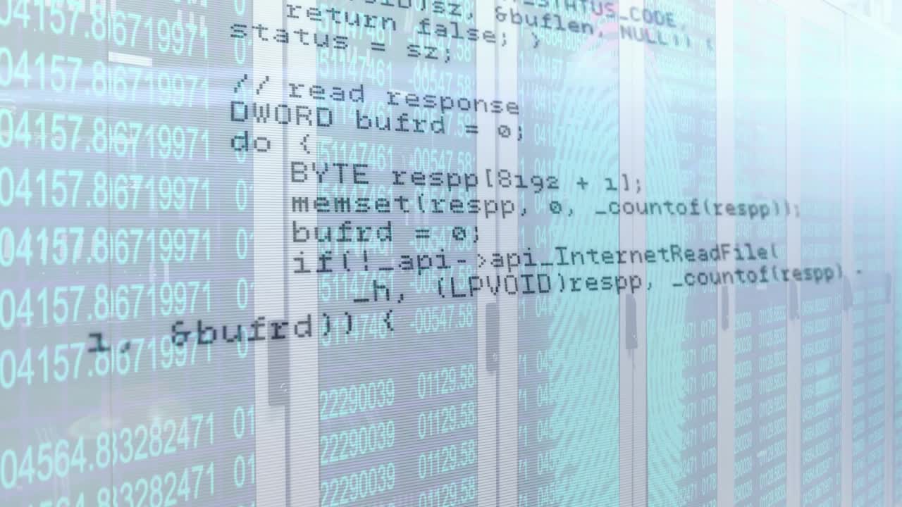 On opening transparent overlay scrolling and panning, revealing code routines across server racks