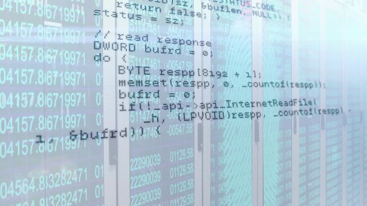 On opening transparent overlay scrolling and panning, revealing code routines across server racks