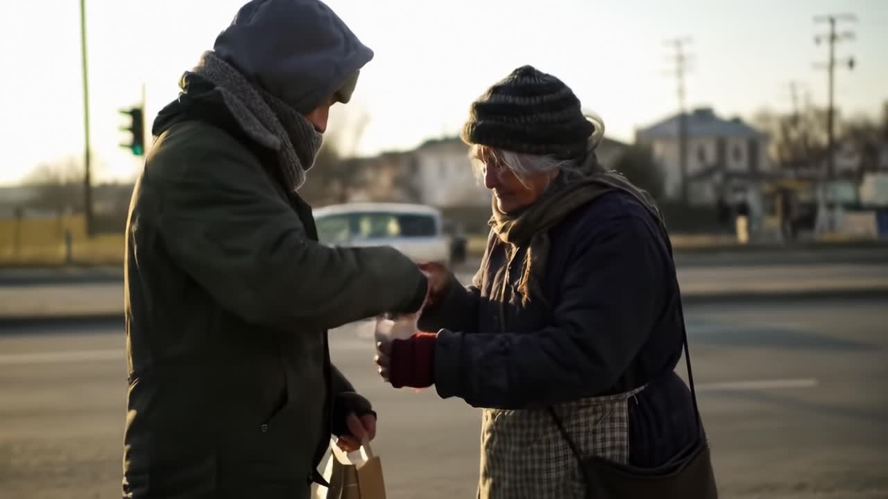 A kind gesture unfolds as someone offers warm food to a homeless woman on a chilly city street. The interaction highlights compassion and human connection.