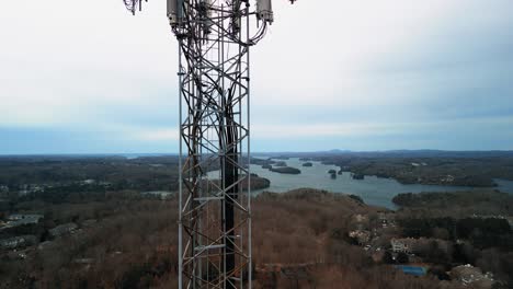 Aerial-Rising-Shot-of-Cell-Phone-Tower-in-Nature