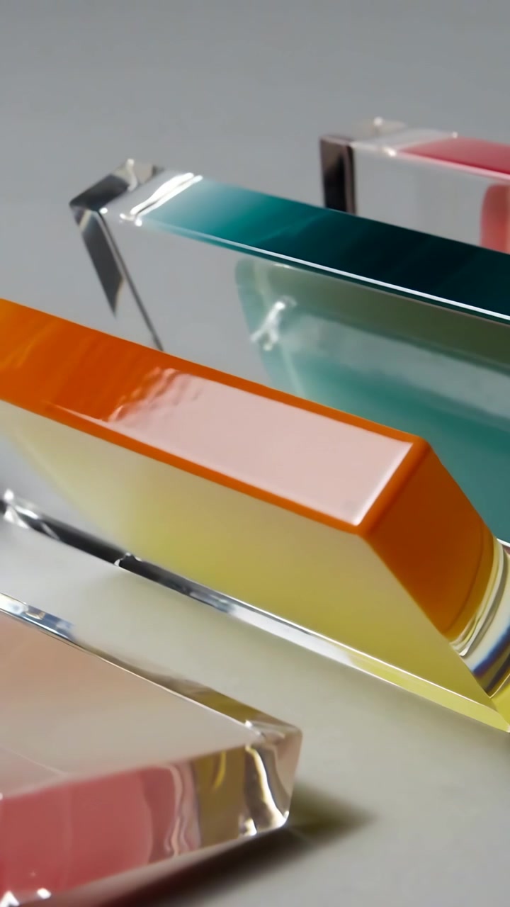 Vertical video: Panning camera tilting and moving right on gray table, revealing 3 clear prisms