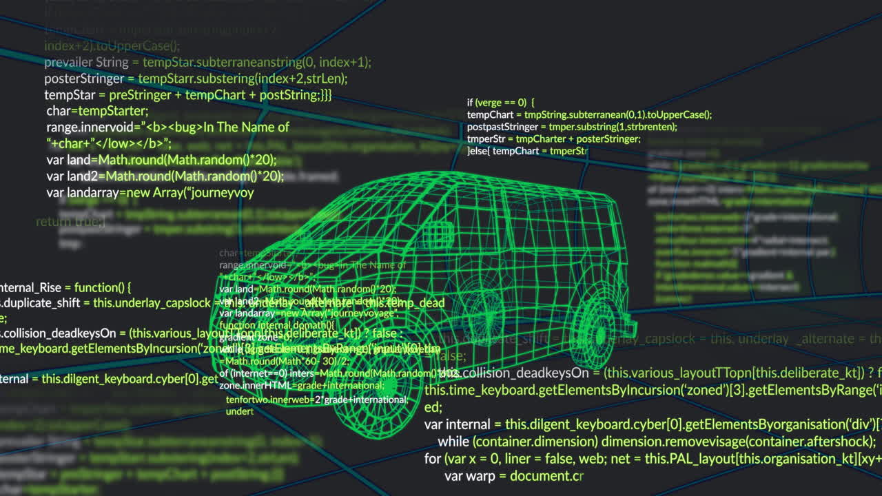 Animation of green wireframe van model with programming code on dark background
